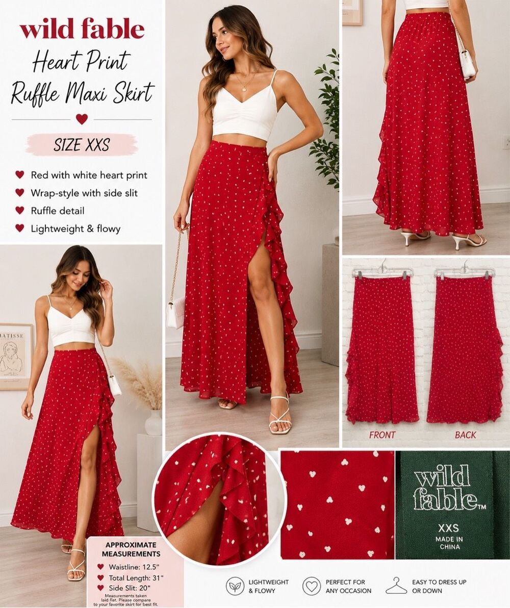 Wild Fable Heart Print Ruffle Wrap Maxi Skirt Women’s XXS Red NWT